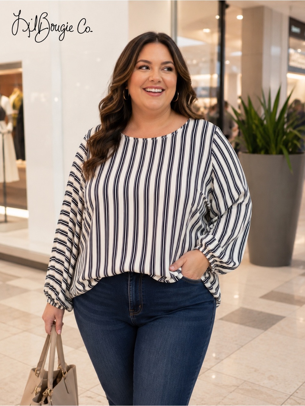 LOFT Navy & Ivory Striped Balloon Sleeve Blouse | Size XXL | Like New